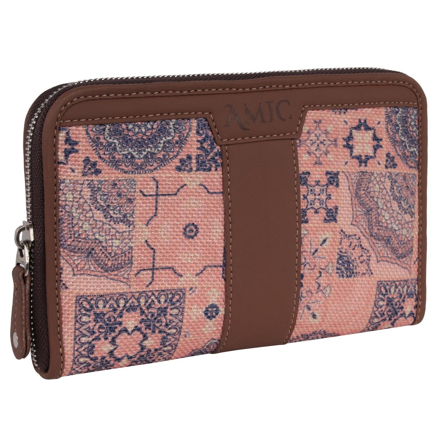 Amic Vegan Leather Chain Wallet with Intricate Pink and Blue Patterns – Functional Elegance - Amic