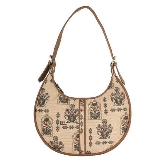 Beige Floral Pattern Vegan Leather Hobo Bag for Women - Elegant & Functional | Amic Bags - Amic