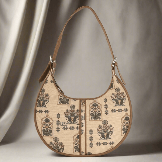 Beige Floral Pattern Vegan Leather Hobo Bag for Women - Elegant & Functional | Amic Bags - Amic