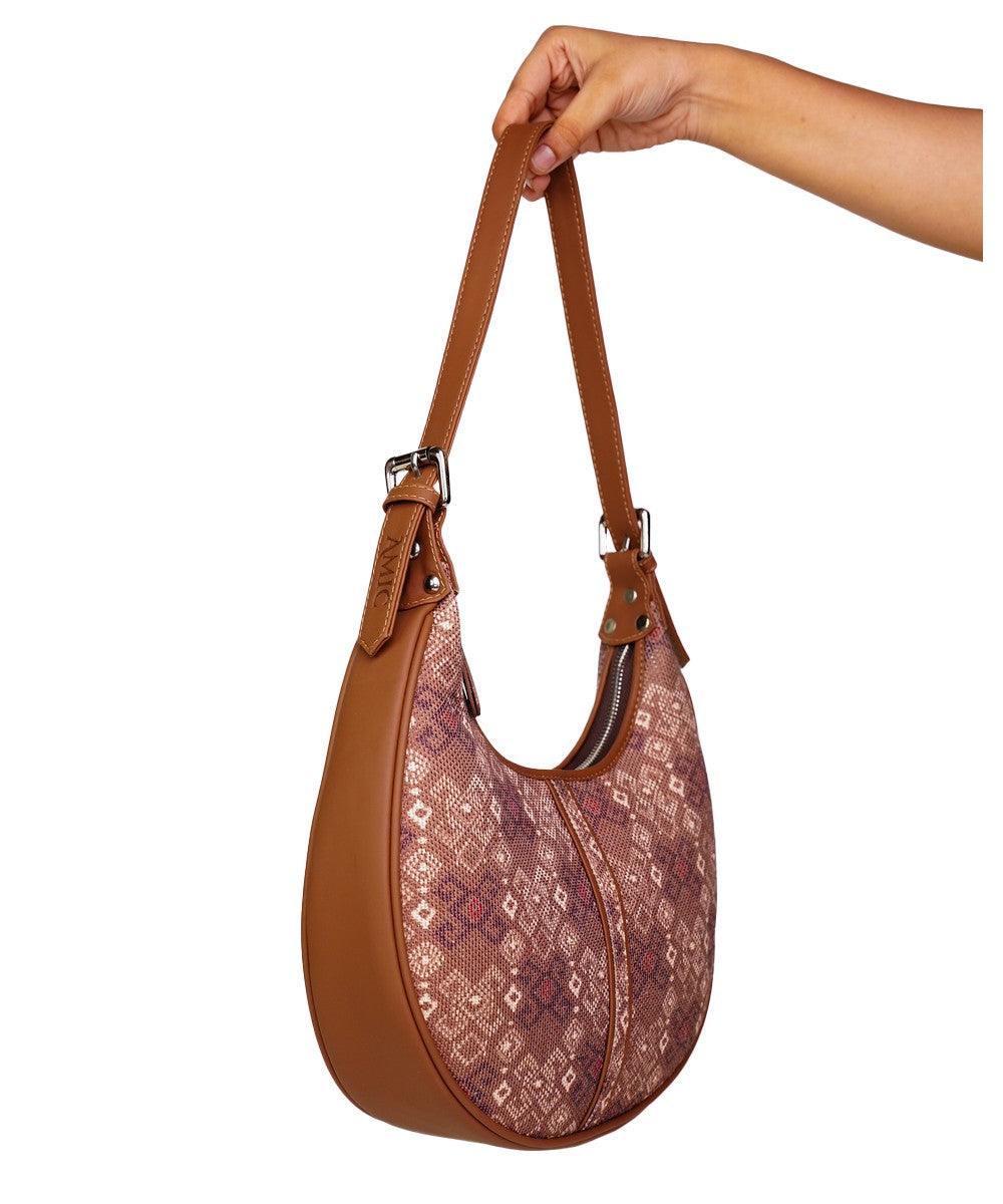 Brown Geometric Pattern Vegan Leather Hobo Bag for Women - Chic & Versatile | Amic Bags - Amic