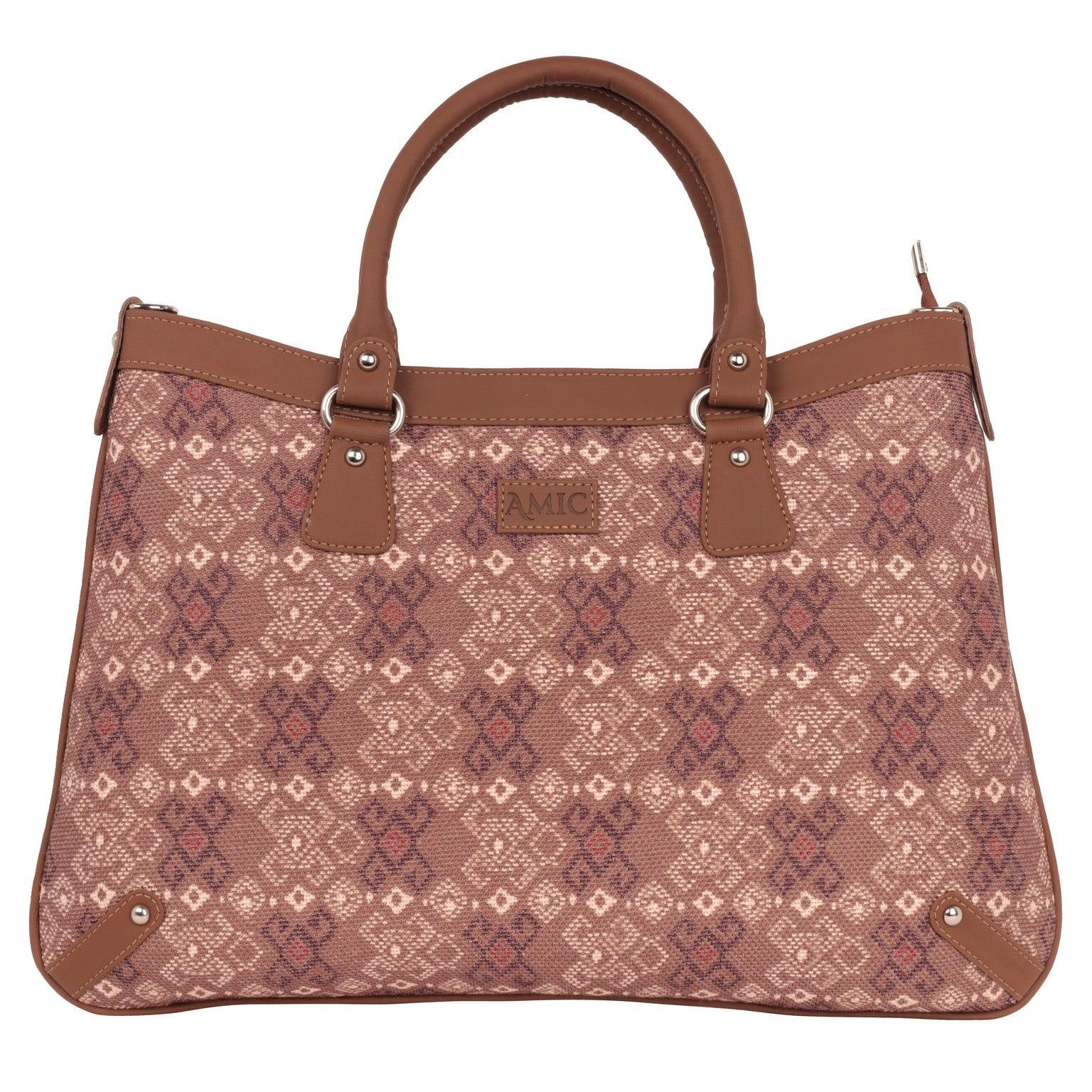 Sophisticated Brown Patterned Handbag with Vegan Leather Finish – Amic - Amic