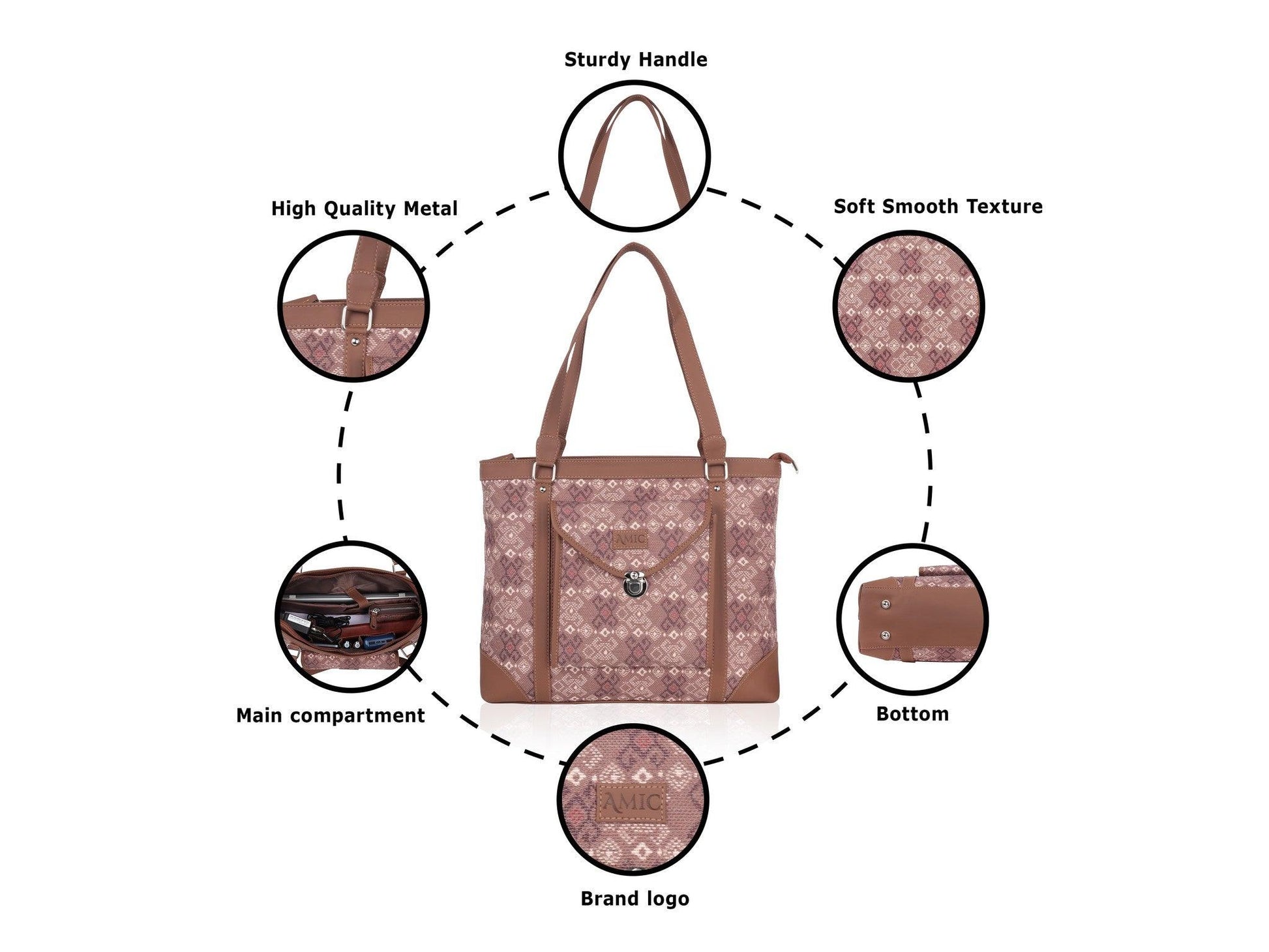 Brown Diamond Pattern Vegan Leather Office Bag for Women - Stylish & Functional | Amic Bags - Amic