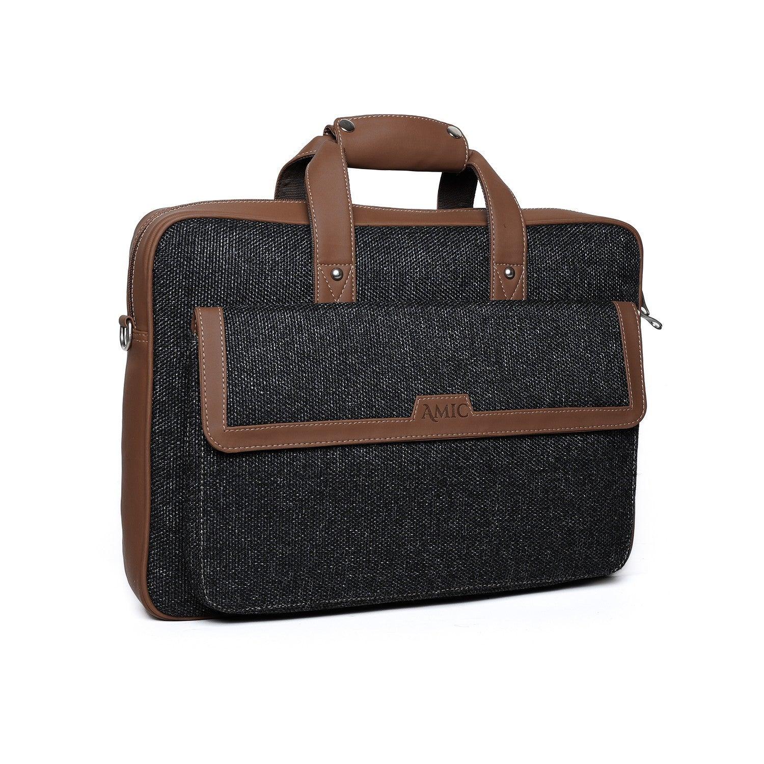 Amic Premium Vegan Leather Laptop Bag – Classic Black with Tan Accents - Amic