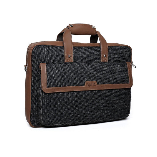 Amic Premium Vegan Leather Laptop Bag – Classic Black with Tan Accents - Amic