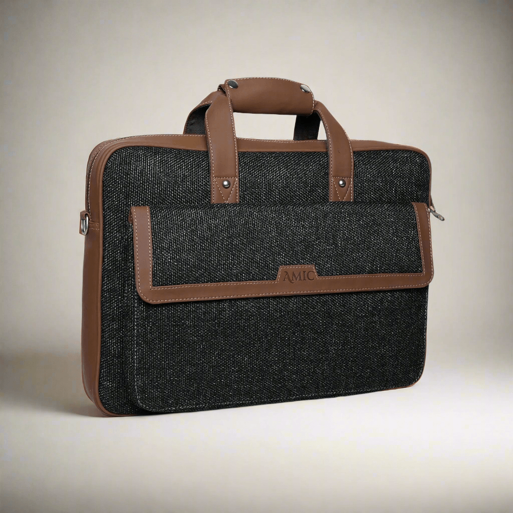 Amic Premium Vegan Leather Laptop Bag – Classic Black with Tan Accents - Amic