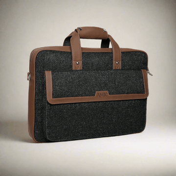 Amic Premium Vegan Leather Laptop Bag – Classic Black with Tan Accents - Amic