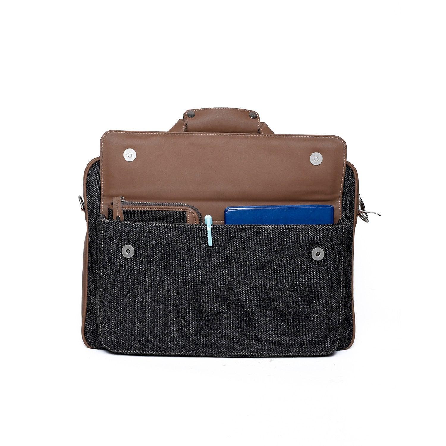 Amic Premium Vegan Leather Laptop Bag – Classic Black with Tan Accents - Amic