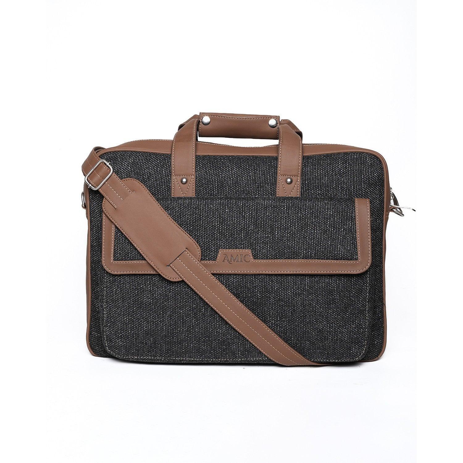 Amic Premium Vegan Leather Laptop Bag – Classic Black with Tan Accents - Amic