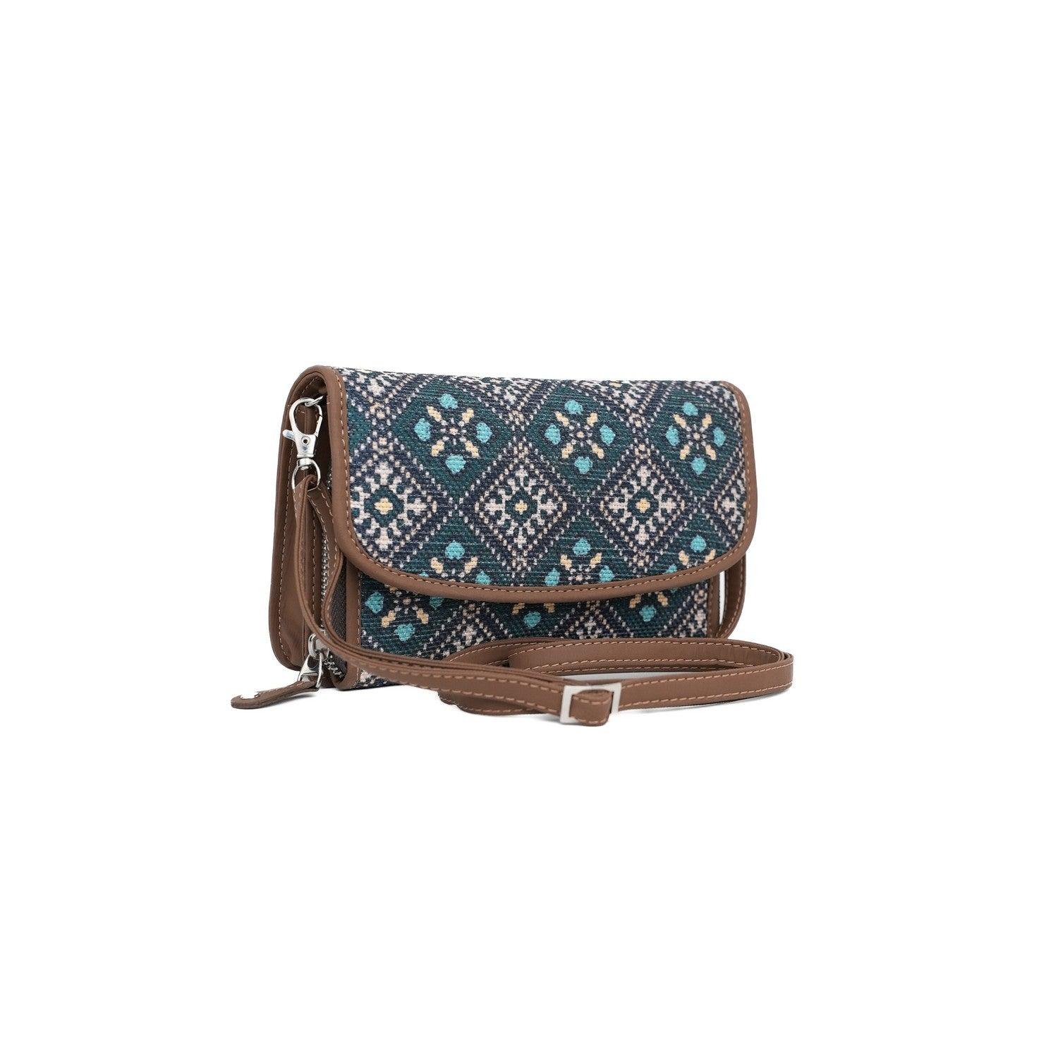 Ethnic Charm Sling Wallet with Blue Diamond Patterns – By Amic - Amic