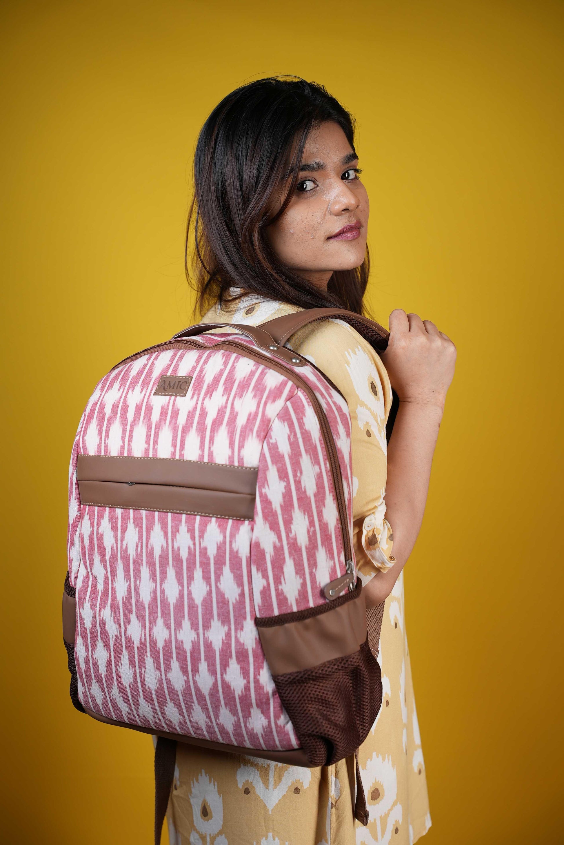 Amic Kashmiri Pink Vegan Leather Laptop Backpack Jute Handcrafted Bag For Women 30 L Backpack - Amic