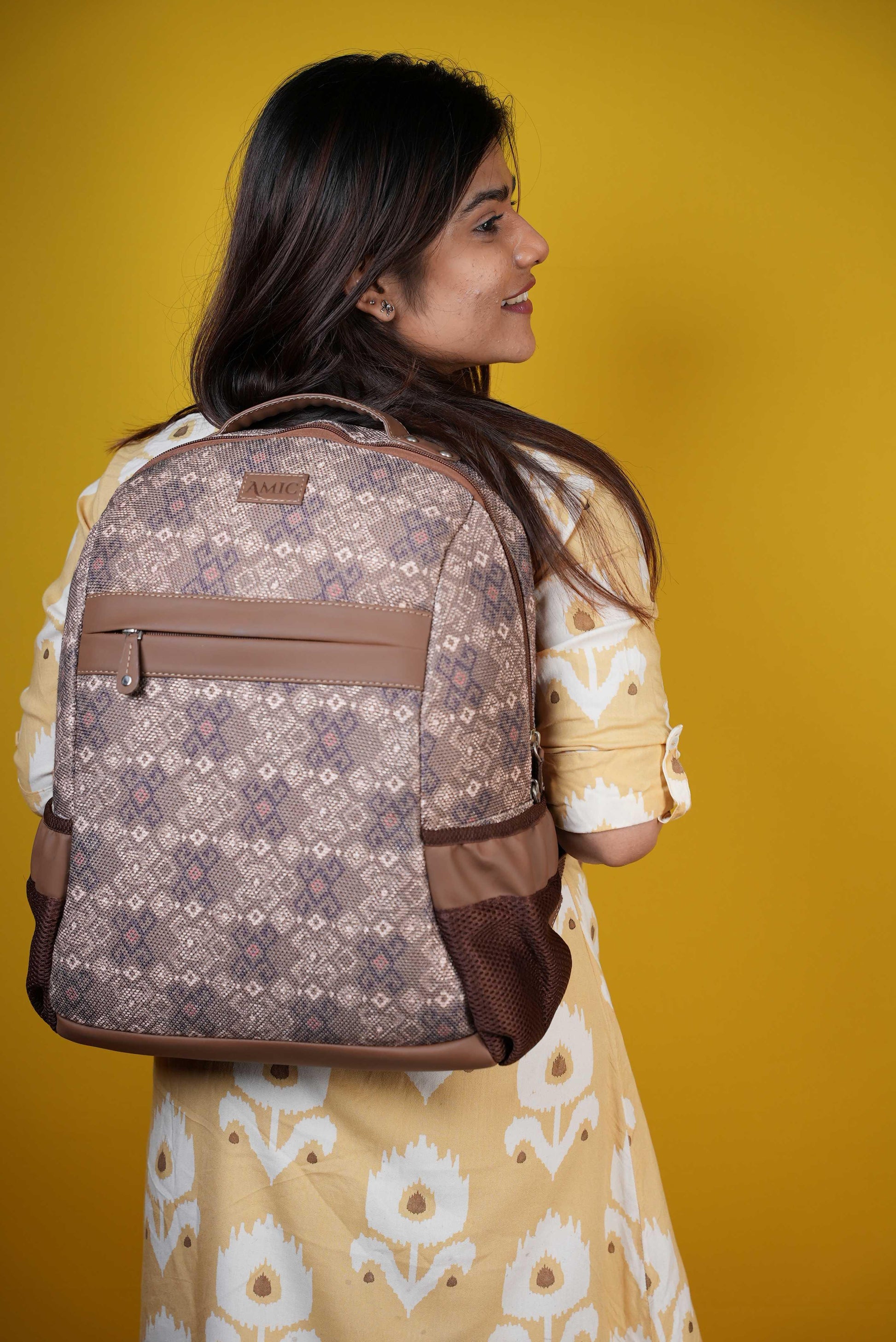 Amic Fabric Print Luxury Vegan Leather Laptop Backpack Jute Handcrafted Bag For Women 30 L Backpack - Amic