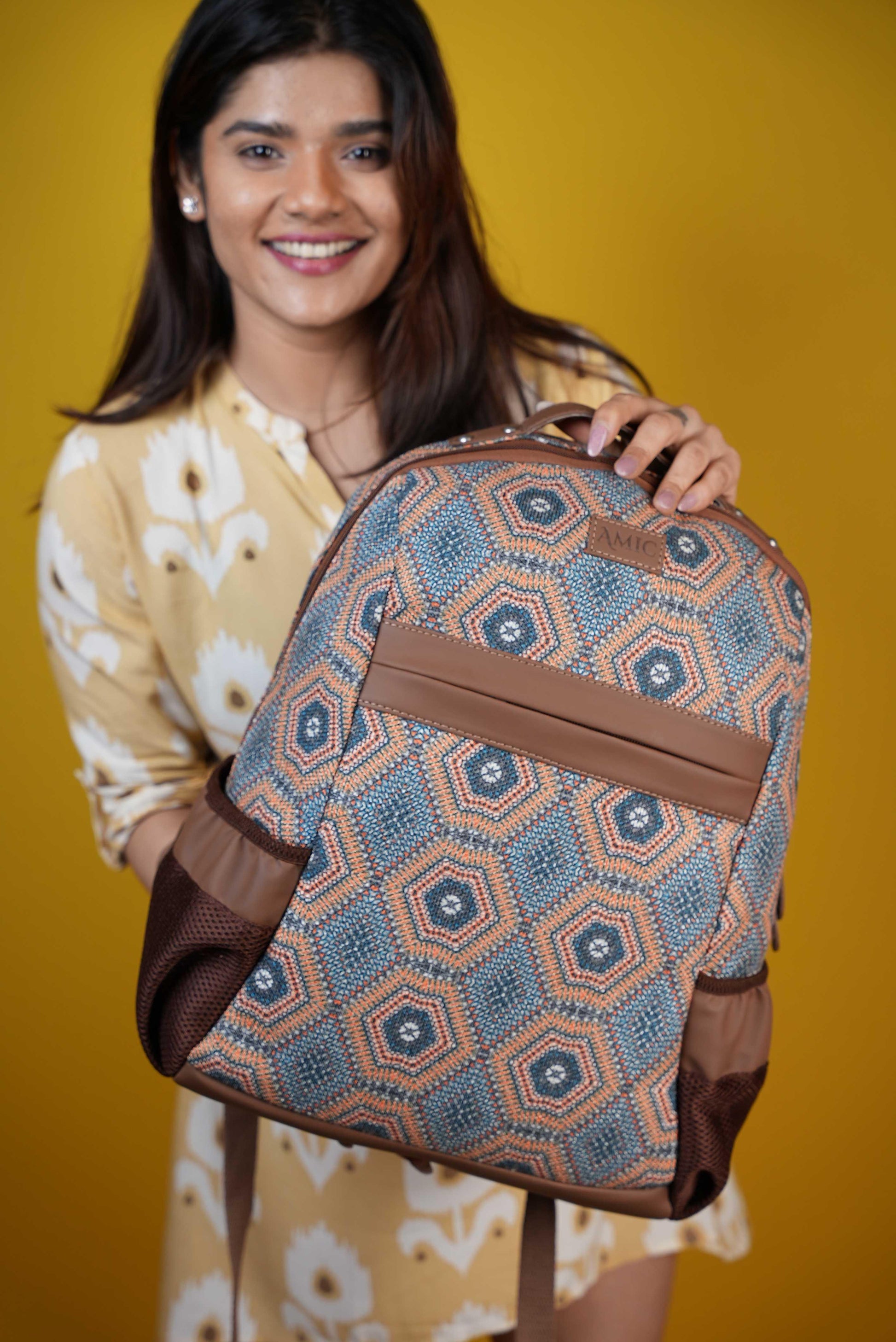 Amic Fabric Print Luxury Vegan Leather Laptop Backpack Jute Handcrafted Bag For Women 30 L Backpack - Amic