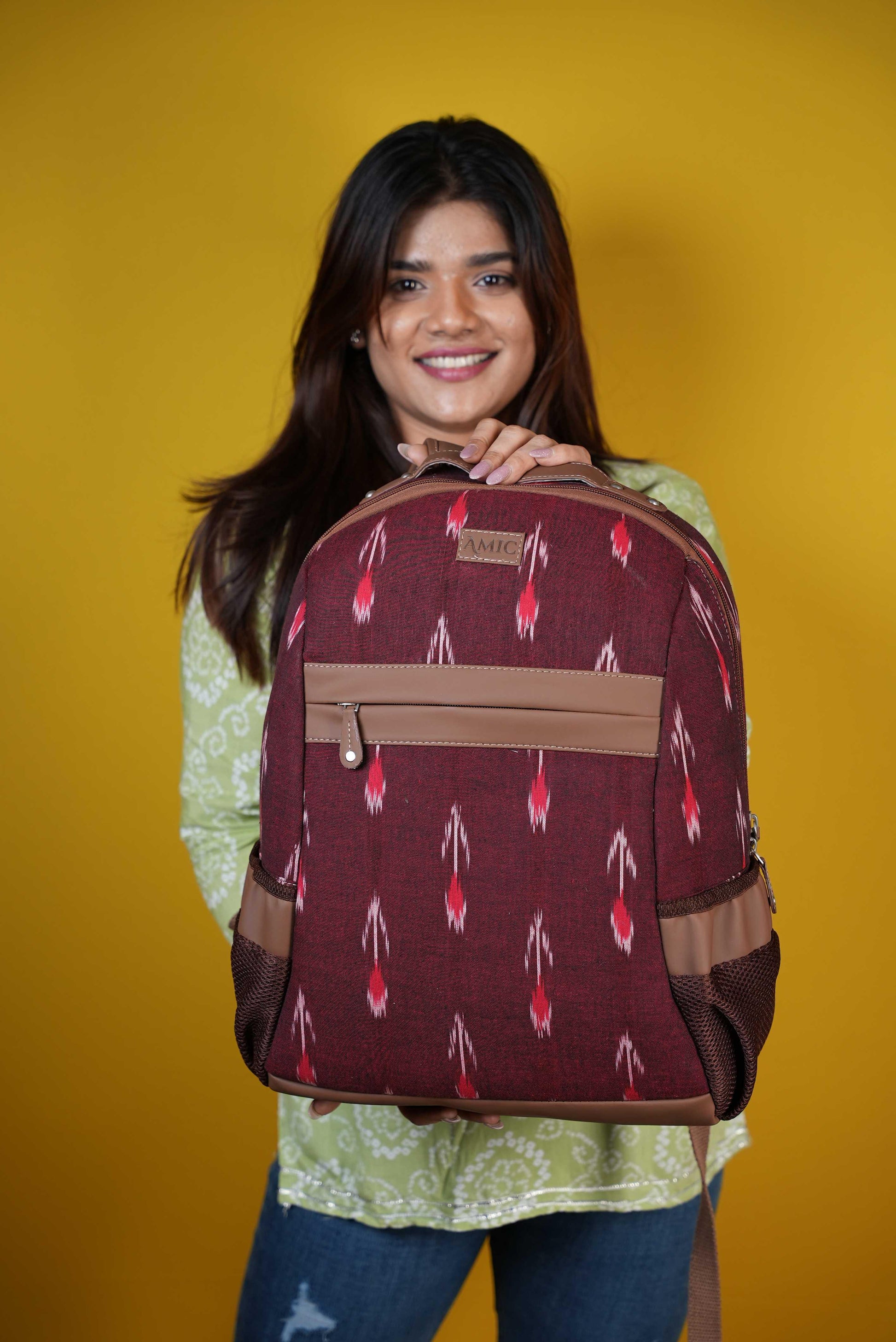 Amic Ikkat Classic Vegan Leather Laptop Backpack Jute Handcrafted Bag For Women 30 L Backpack - Amic