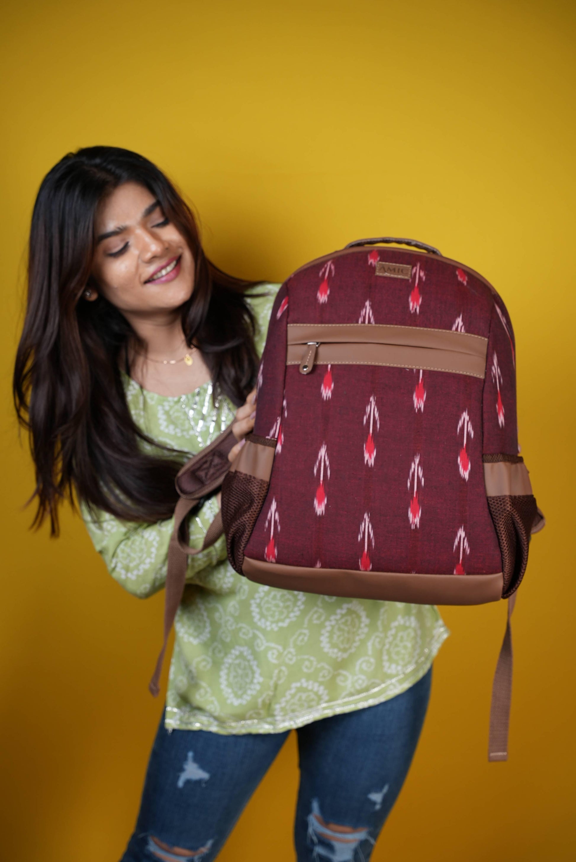 Amic Ikkat Classic Vegan Leather Laptop Backpack Jute Handcrafted Bag For Women 30 L Backpack - Amic