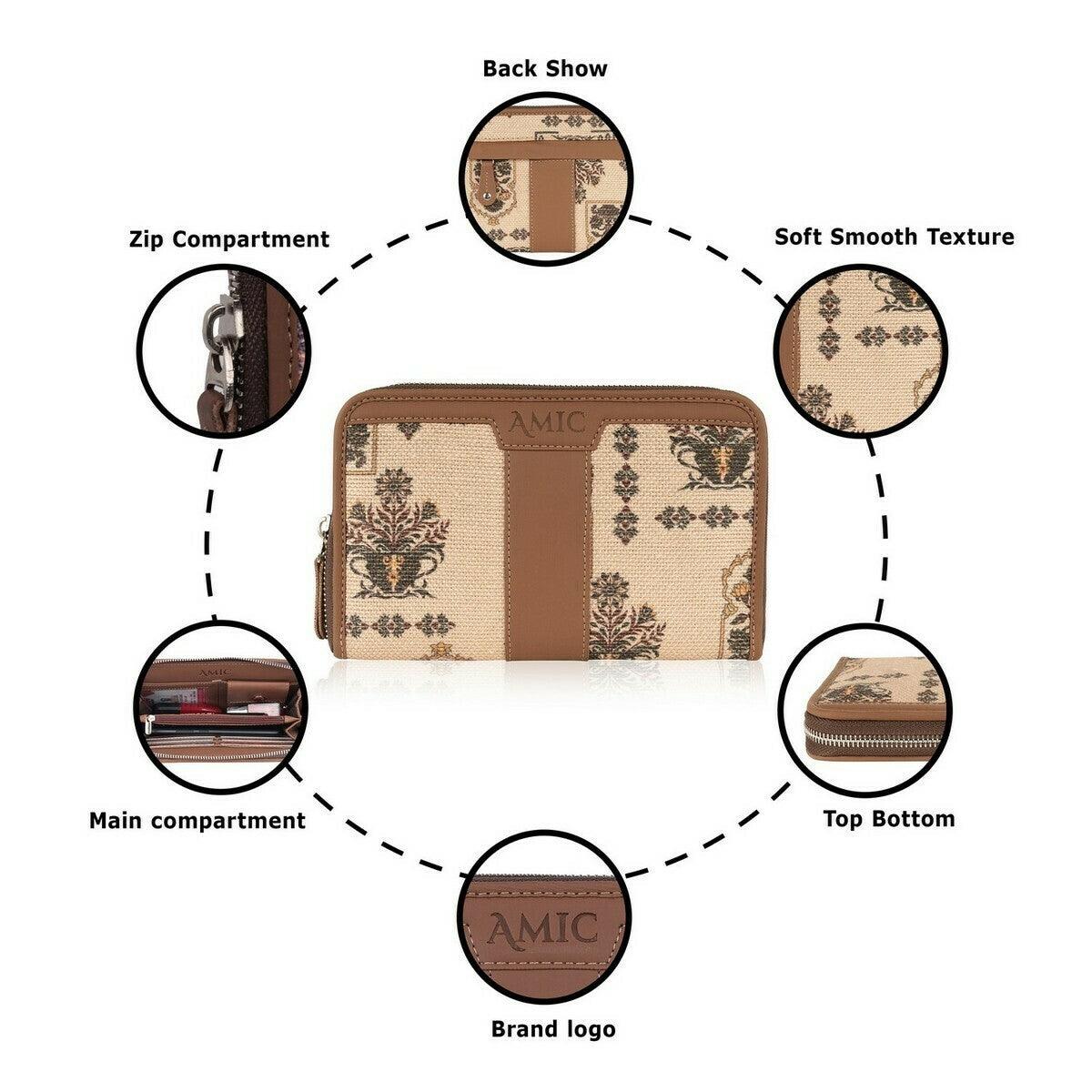 Amic Vegan Leather Chain Wallet with Elegant Beige Floral Print – Compact and Stylish Organizer - Amic