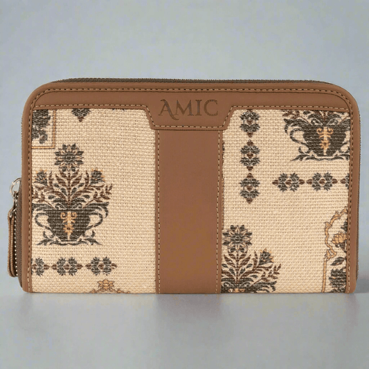 Amic Vegan Leather Chain Wallet with Elegant Beige Floral Print – Compact and Stylish Organizer - Amic