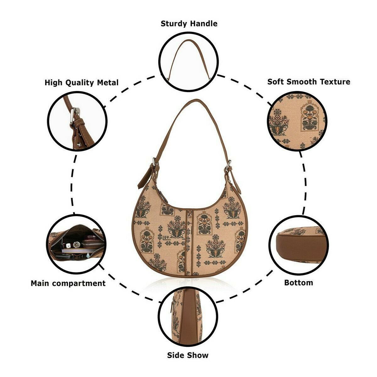 Beige Floral Pattern Vegan Leather Hobo Bag for Women - Elegant & Functional | Amic Bags - Amic
