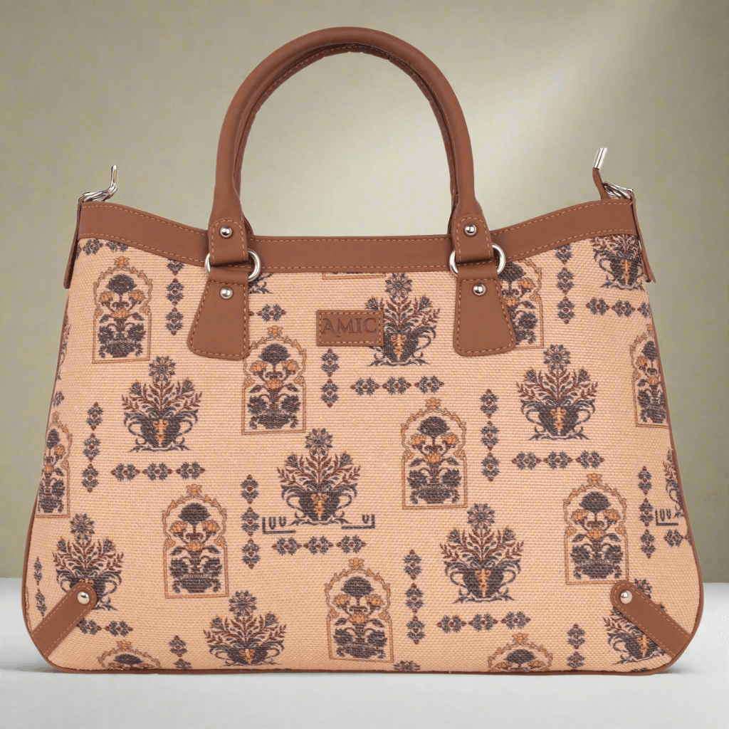 Handcrafted Beige Hand Shoulder Bag with Vintage Floral Patterns - Amic