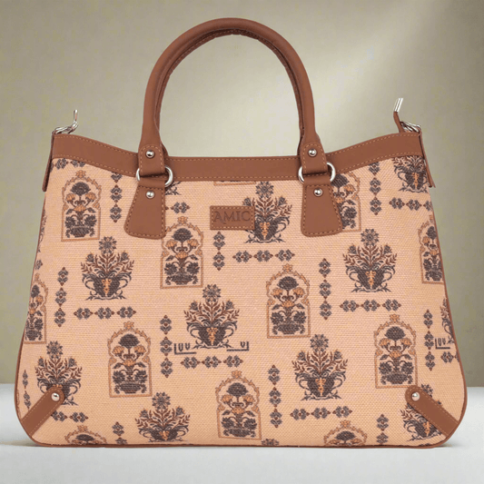 Handcrafted Beige Hand Shoulder Bag with Vintage Floral Patterns - Amic