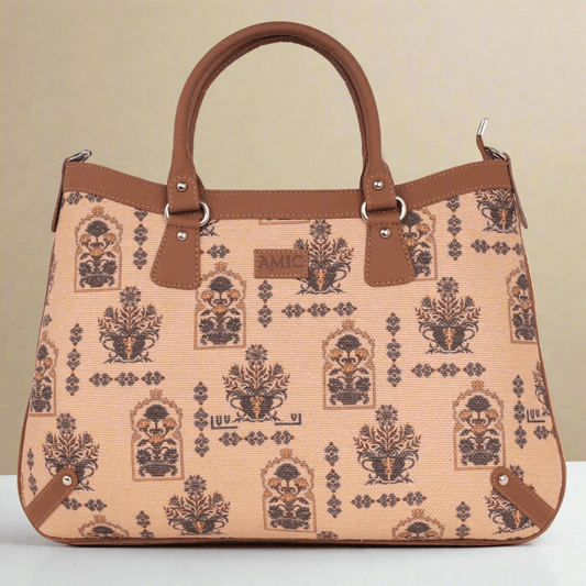 Elegant Beige Handbag with Vintage Floral Prints – Amic - Amic