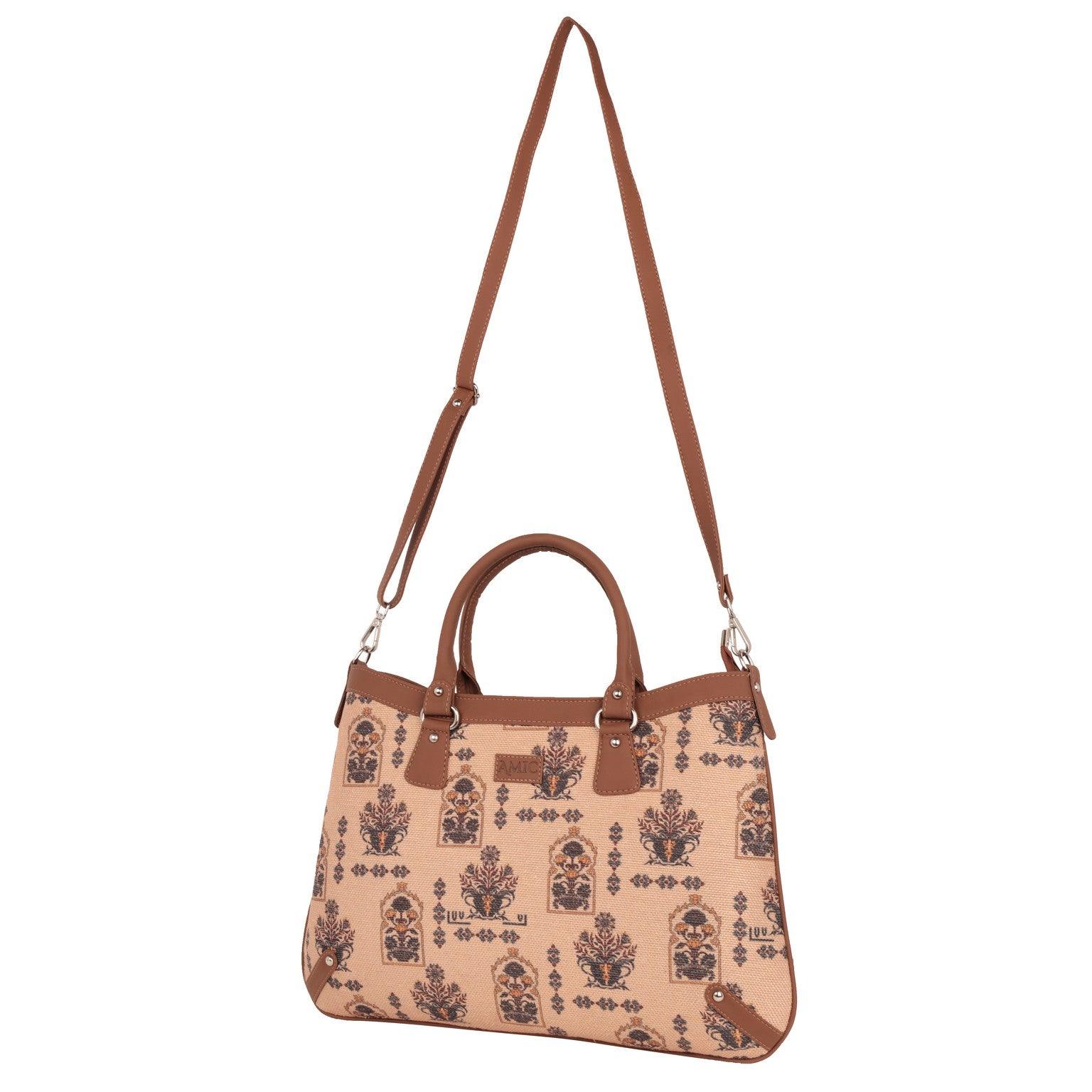 Elegant Beige Handbag with Vintage Floral Prints – Amic - Amic