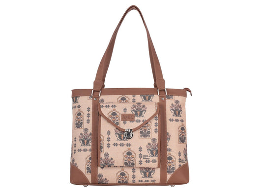 Beige Floral Pattern Vegan Leather Office Bag for Women - Elegant & Practical | Amic Bags - Amic