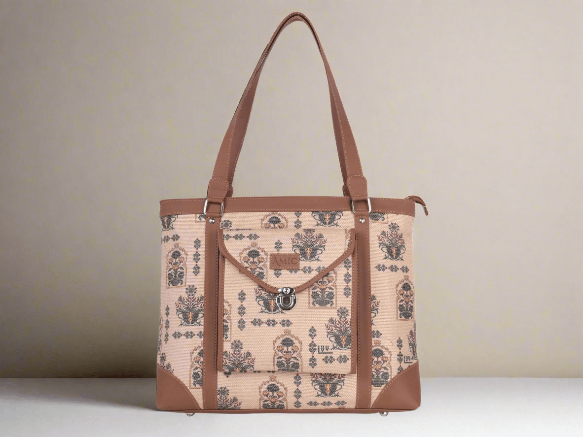 Beige Floral Pattern Vegan Leather Office Bag for Women - Elegant & Practical | Amic Bags - Amic