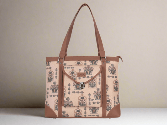 Beige Floral Pattern Vegan Leather Office Bag for Women - Elegant & Practical | Amic Bags - Amic