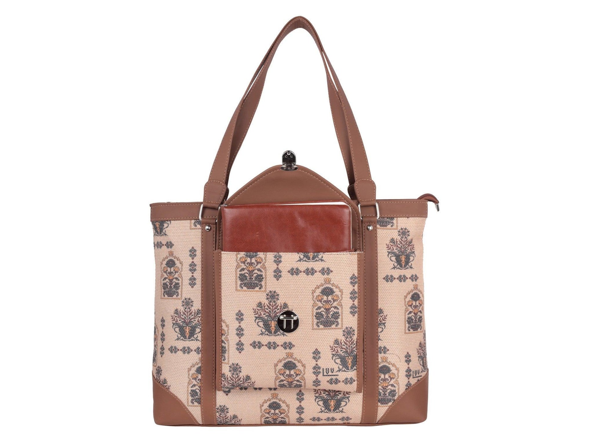 Beige Floral Pattern Vegan Leather Office Bag for Women - Elegant & Practical | Amic Bags - Amic