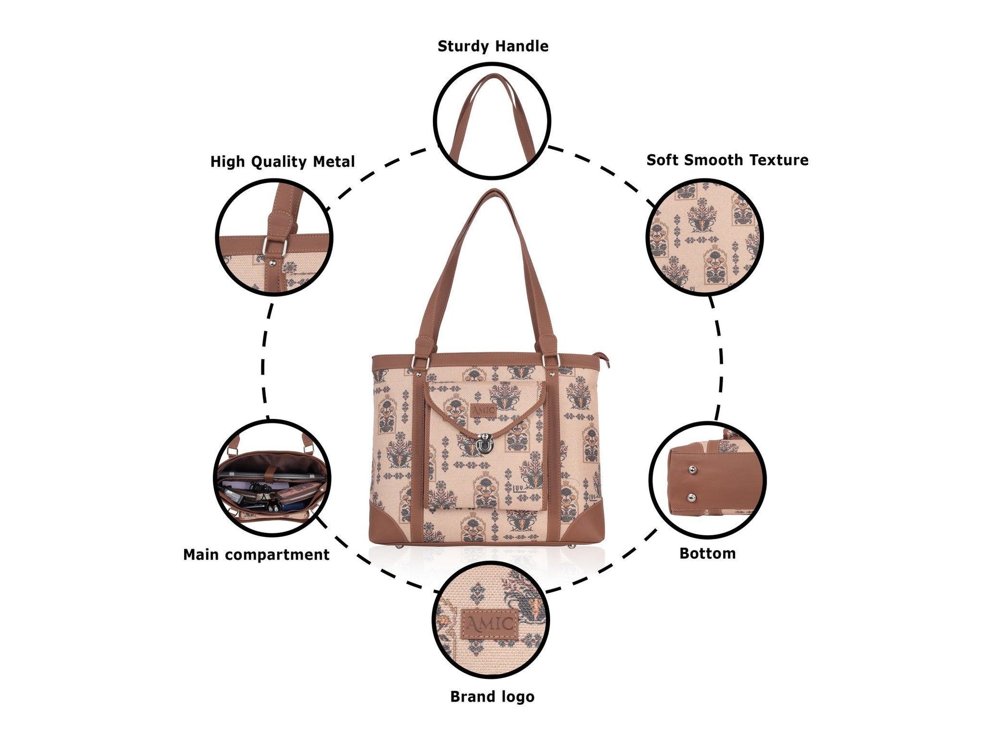 Beige Floral Pattern Vegan Leather Office Bag for Women - Elegant & Practical | Amic Bags - Amic