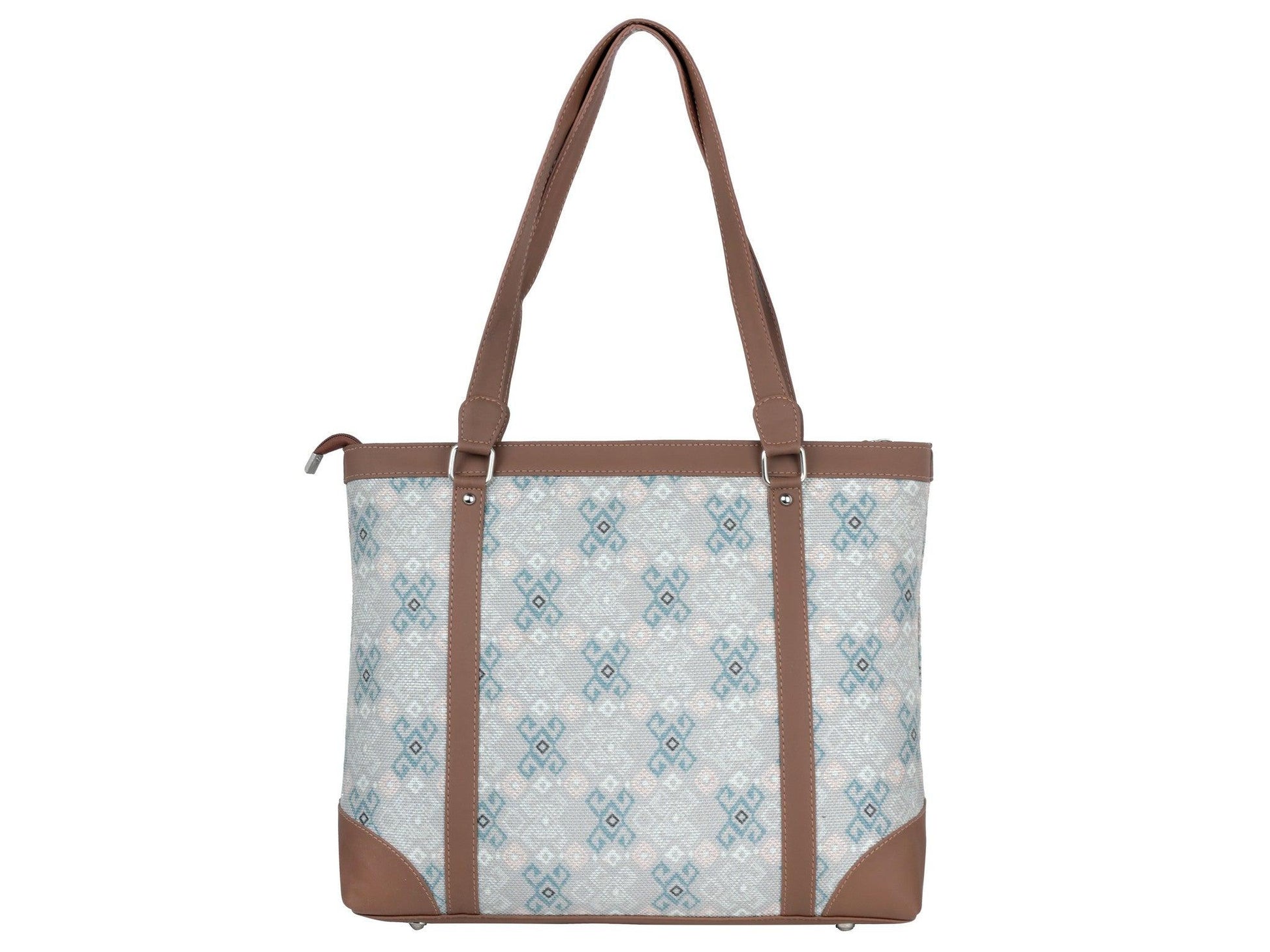 White and Blue Geometric Pattern Vegan Leather Office Bag for Women - Modern & Functional | Amic Bags - Amic