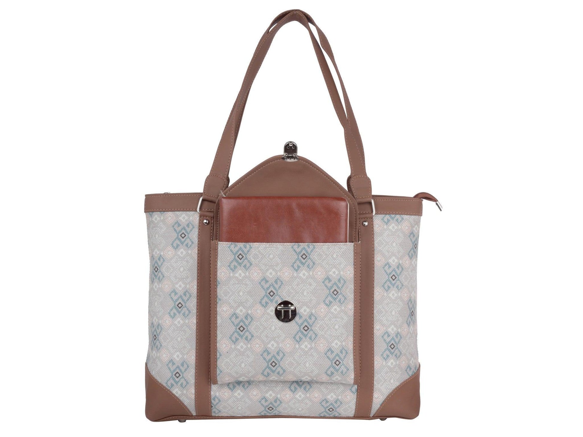 White and Blue Geometric Pattern Vegan Leather Office Bag for Women - Modern & Functional | Amic Bags - Amic