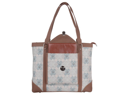 White and Blue Geometric Pattern Vegan Leather Office Bag for Women - Modern & Functional | Amic Bags - Amic