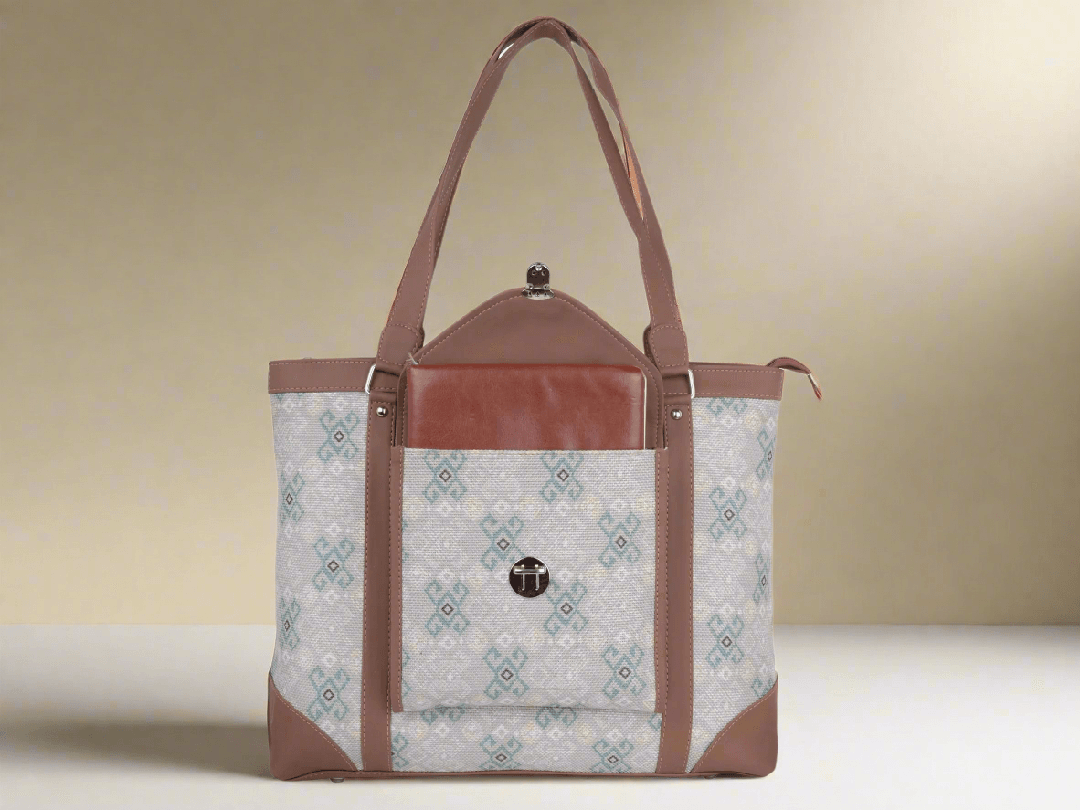 White and Blue Geometric Pattern Vegan Leather Office Bag for Women - Modern & Functional | Amic Bags - Amic