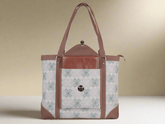 White and Blue Geometric Pattern Vegan Leather Office Bag for Women - Modern & Functional | Amic Bags - Amic