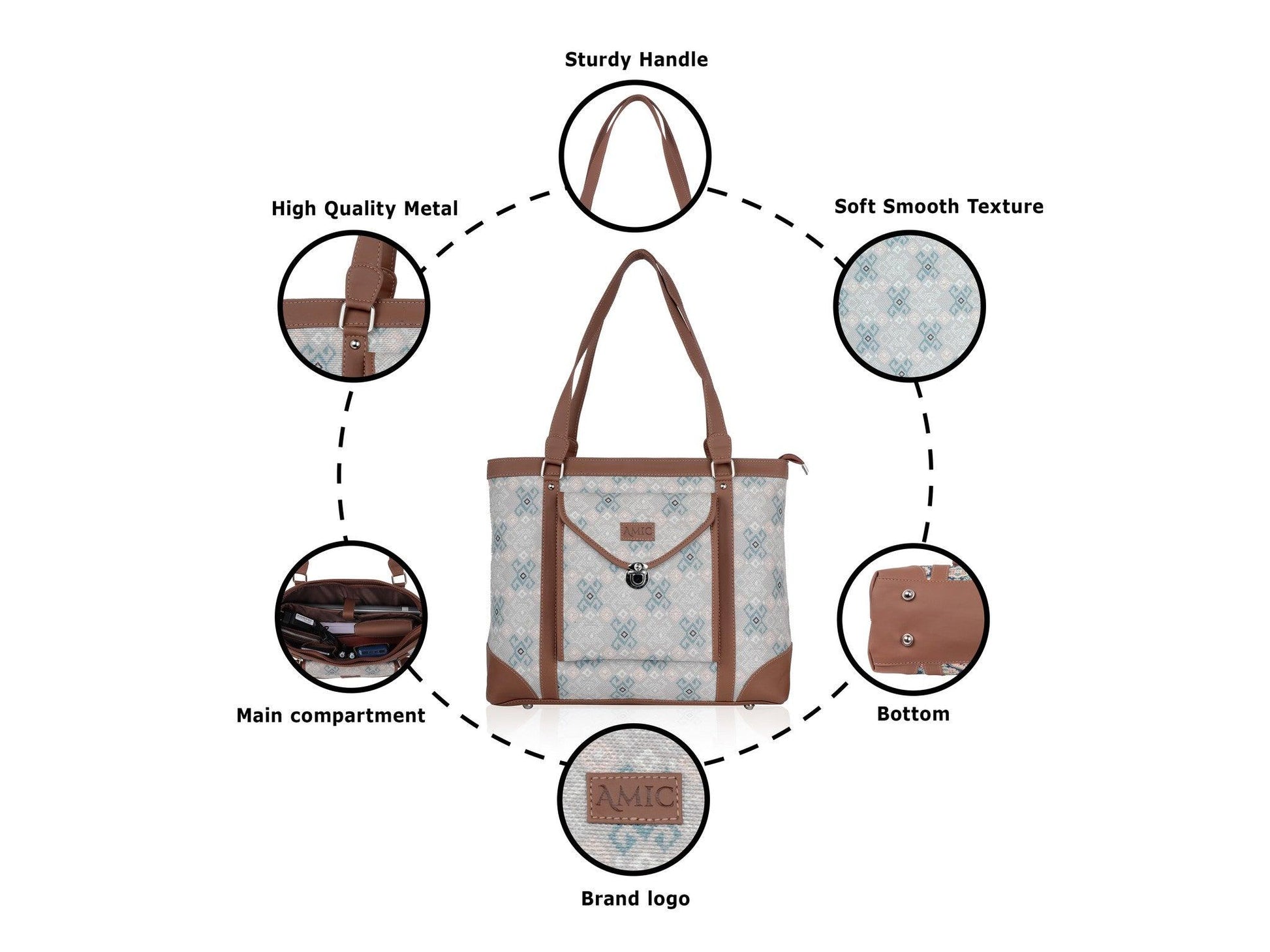White and Blue Geometric Pattern Vegan Leather Office Bag for Women - Modern & Functional | Amic Bags - Amic