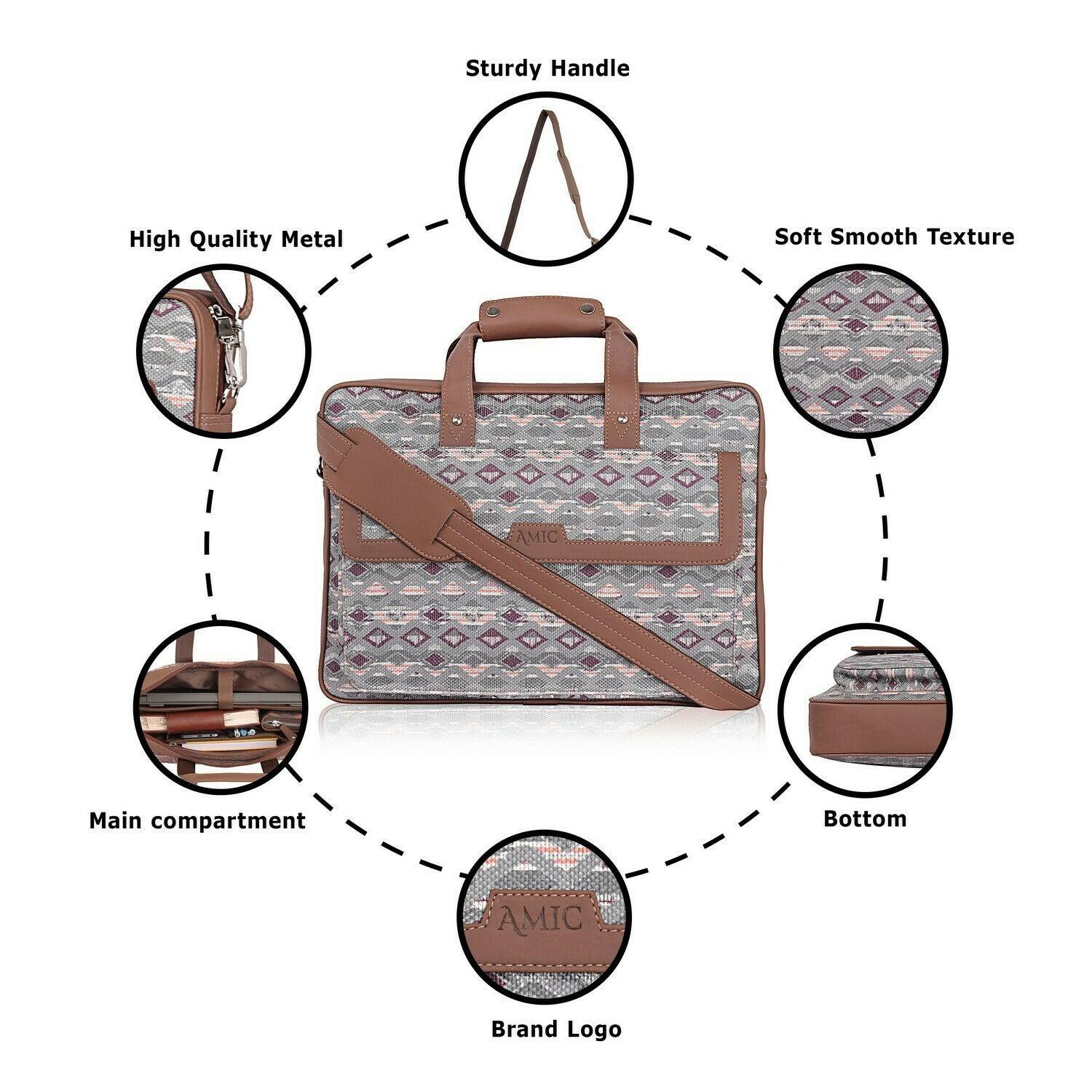 Amic Vegan Leather Laptop Bag – Timeless Ethnic Grey Design - Amic