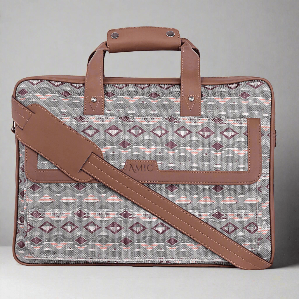 Amic Vegan Leather Laptop Bag – Timeless Ethnic Grey Design - Amic