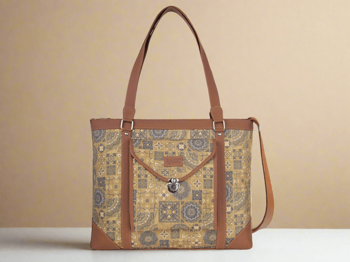 Yellow Mosaic Pattern Vegan Leather Office Bag for Women - Functional & Stylish | Amic Bags - Amic