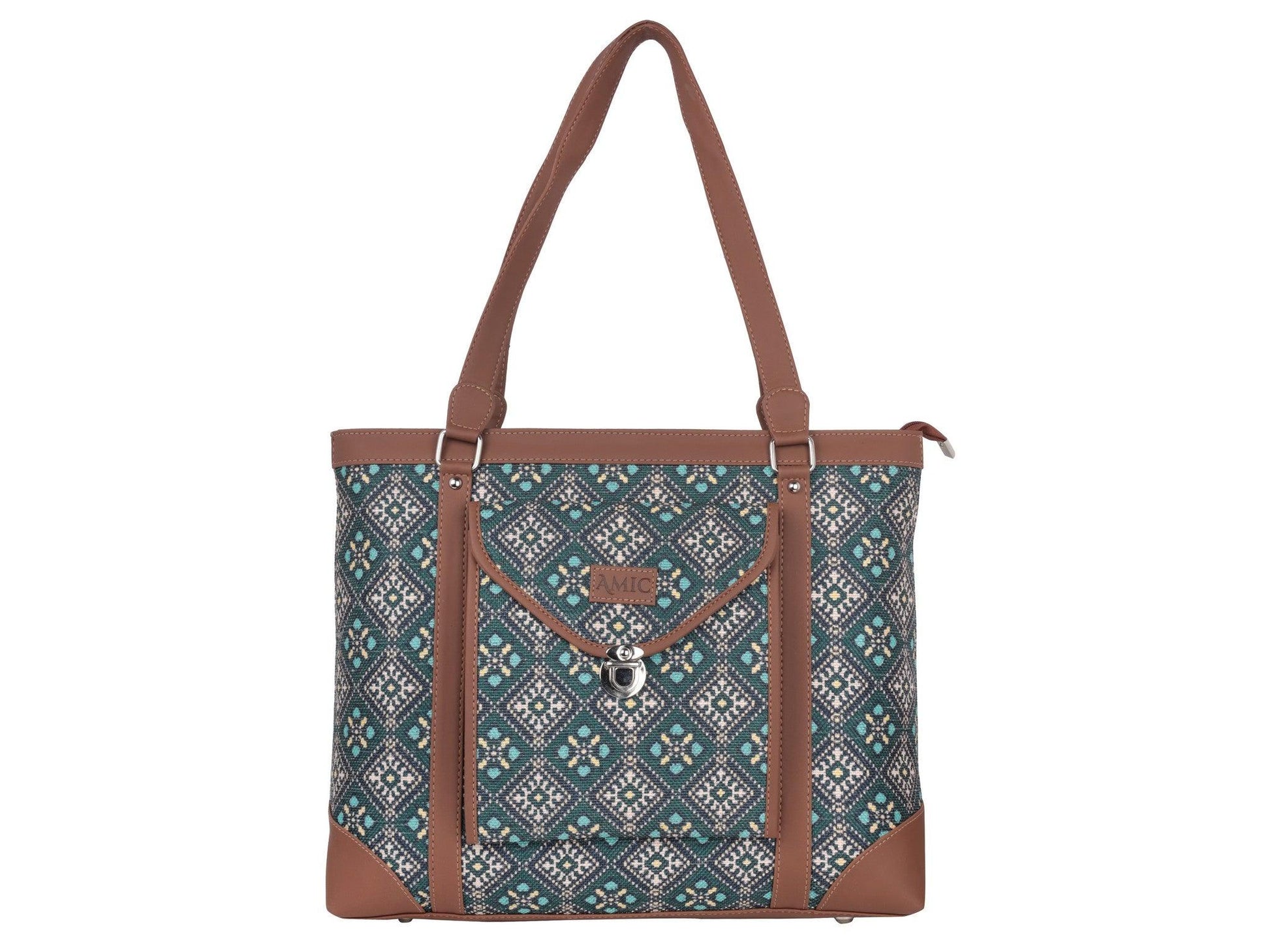 Blue Diamond Pattern Vegan Leather Office Bag for Women - Functional & Stylish | Amic Bags - Amic