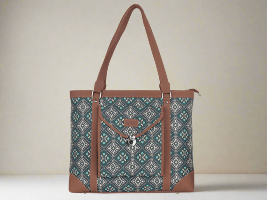 Blue Diamond Pattern Vegan Leather Office Bag for Women - Functional & Stylish | Amic Bags - Amic