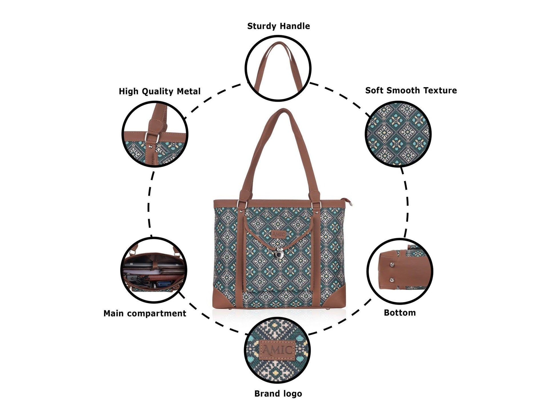 Blue Diamond Pattern Vegan Leather Office Bag for Women - Functional & Stylish | Amic Bags - Amic