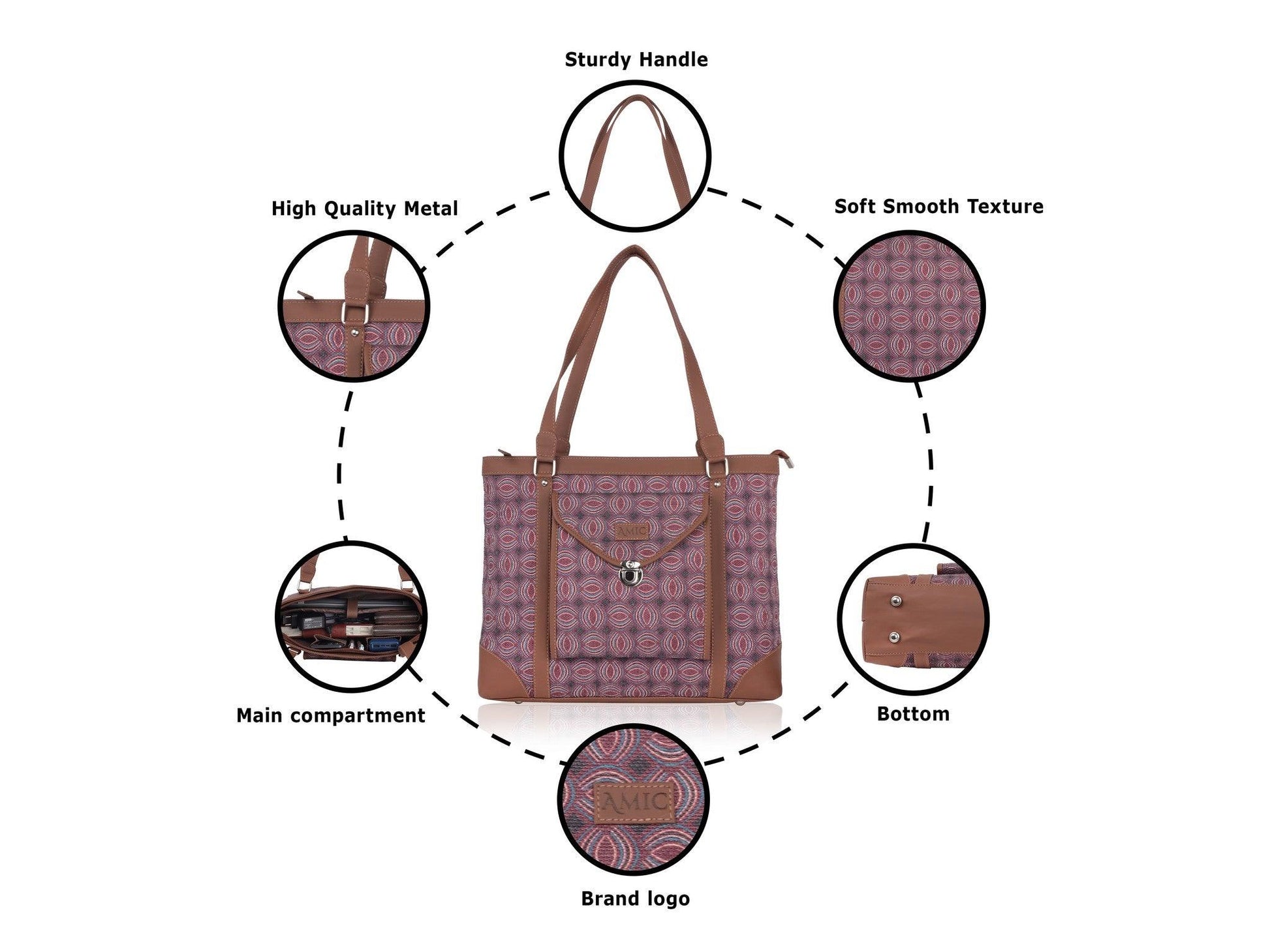 Pink Circular Pattern Vegan Leather Office Bag for Women - Stylish & Practical | Amic Bags - Amic