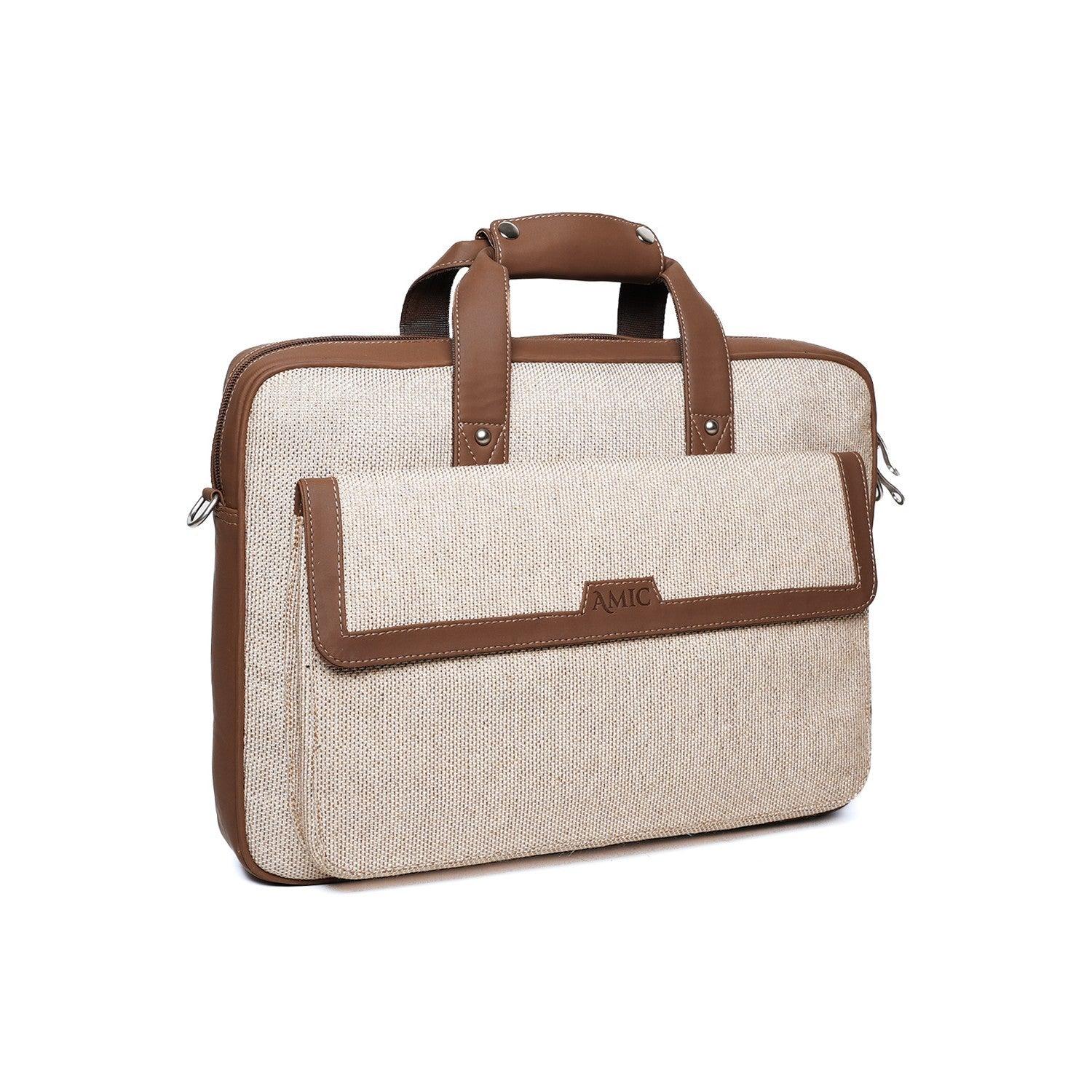 Classic Beige Laptop Bag with Vegan Leather Accents | AMIC - Amic