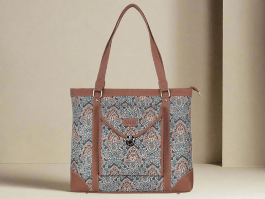 Blue Floral Pattern Vegan Leather Office Bag for Women - Functional & Stylish | Amic Bags - Amic