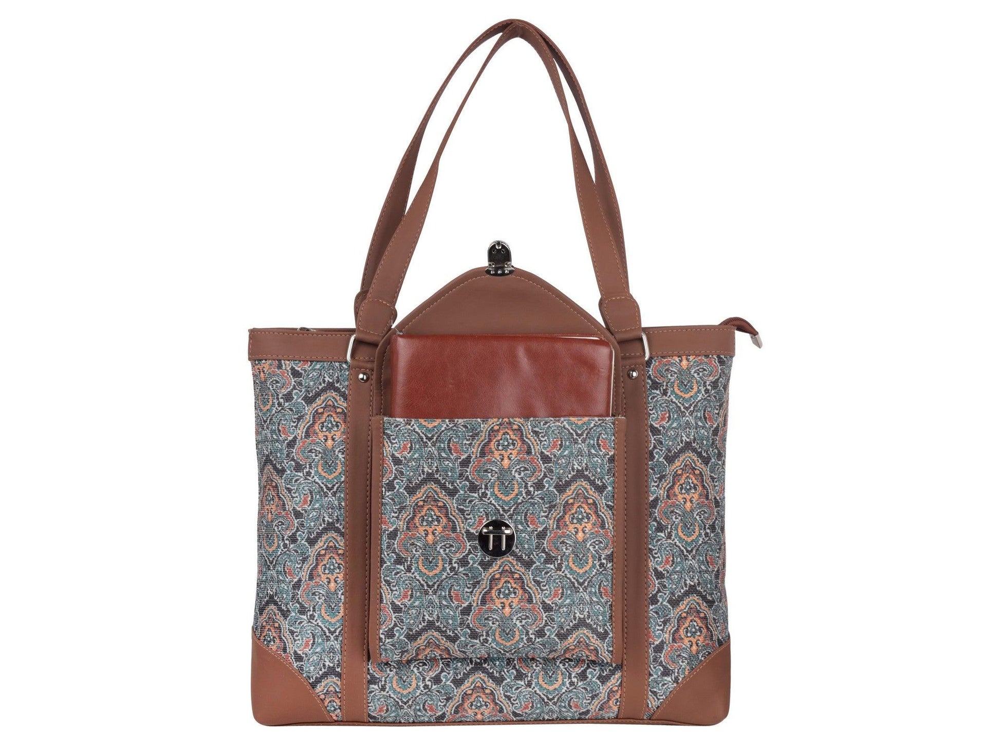 Blue Floral Pattern Vegan Leather Office Bag for Women - Functional & Stylish | Amic Bags - Amic