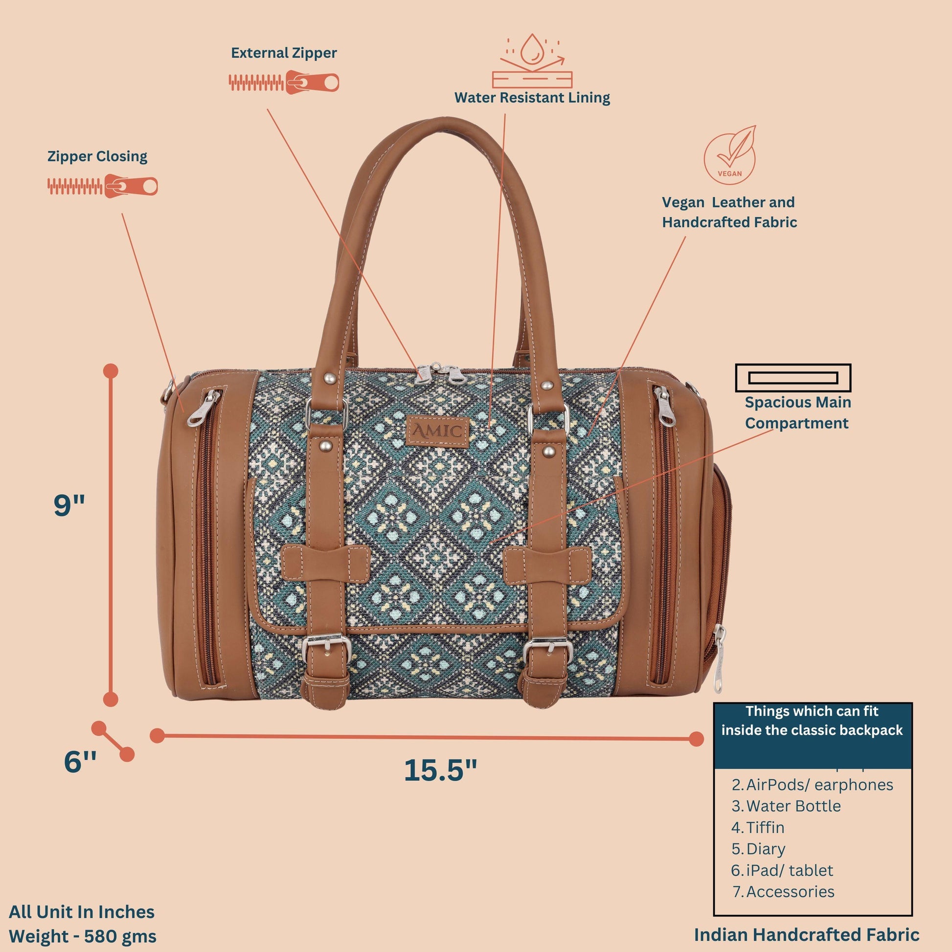 Amic Jute Printed Handcrafted Travel Bag, Luggage Shoulder Bag Duffel Without Wheels - Amic