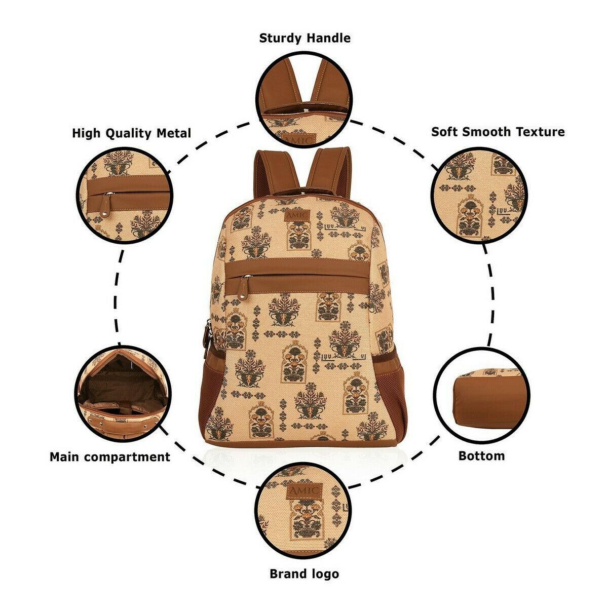 Amic Motif Printed Women's Jute Handcrafted Vegan Leather Classic Backpack 15 L Backpack - Amic