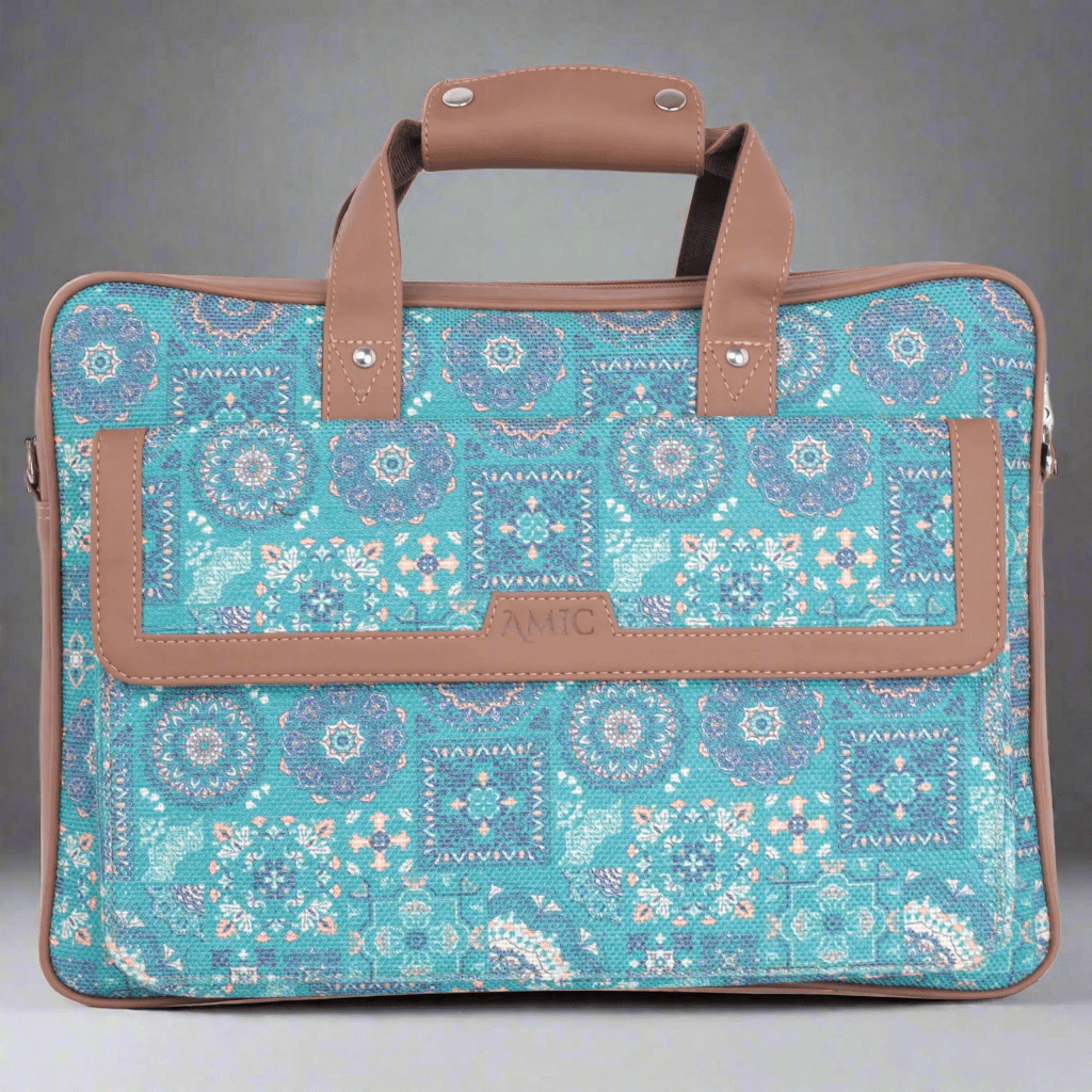 Vibrant Blue Laptop Bag with Intricate Patterns and Vegan Leather | AMIC - Amic