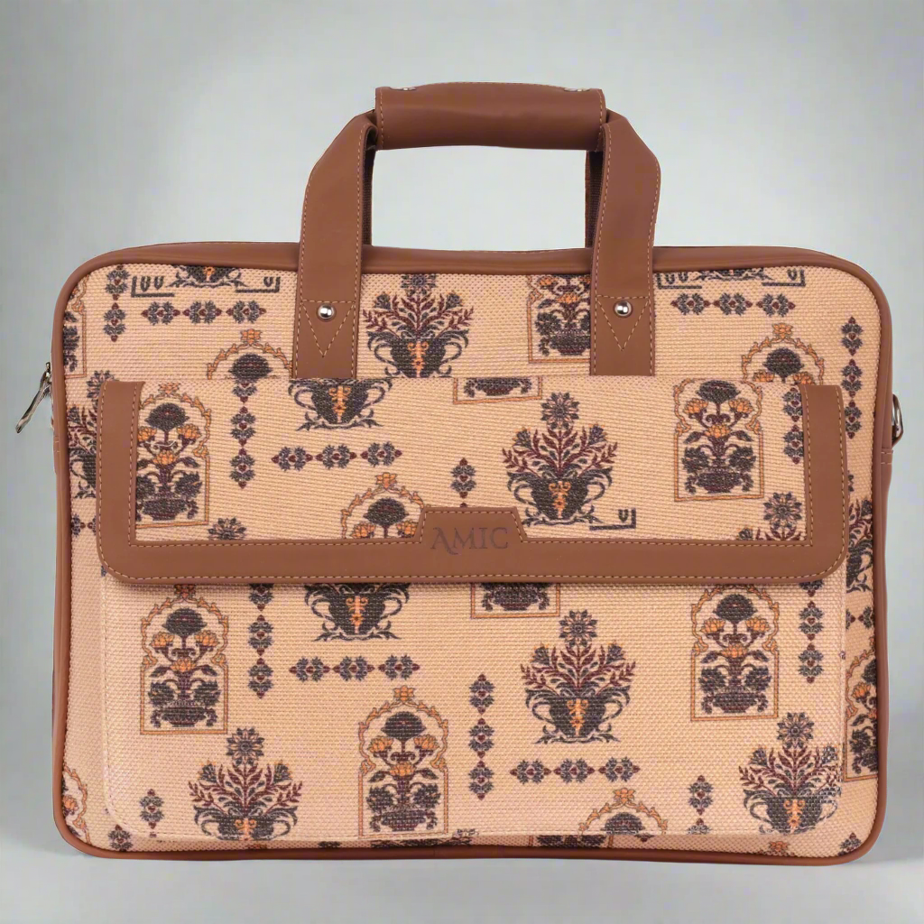 Amic Vegan Leather Laptop Bag – Regal Beige with Ornate Print